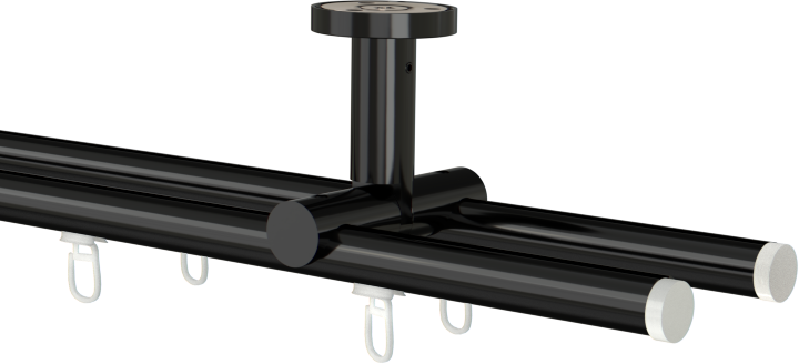 Karnisz podwójny sufitowy przesuwny z wspornikiem w kolorze czarnym i końcówkami Tobi  350cm