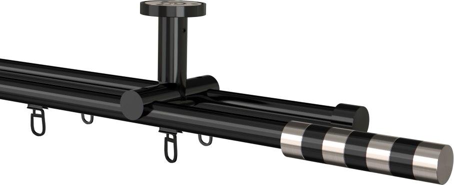 Karnisz podwójny sufitowy przesuwny z wspornikiem w kolorze czarnym i końcówkami Sigma